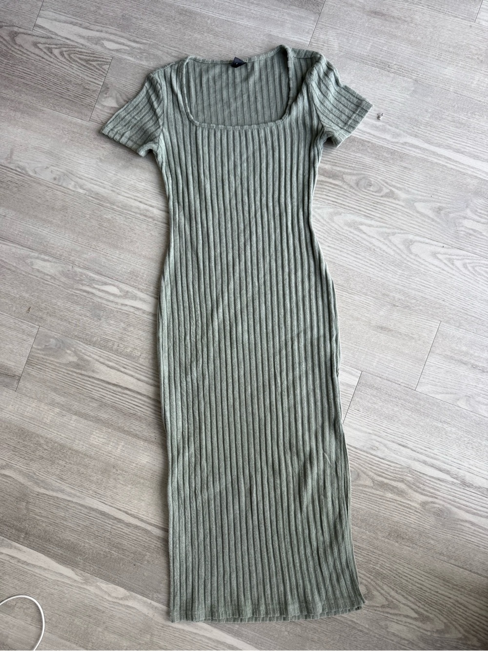 Ribbed Square-Neck Midi Dress in Sage Green